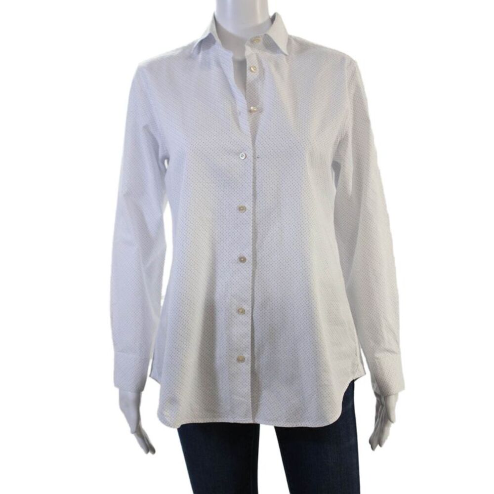 Sharis Place Womens White Polka Dot Cotton Button-Up Long Sleeve Top Size 44